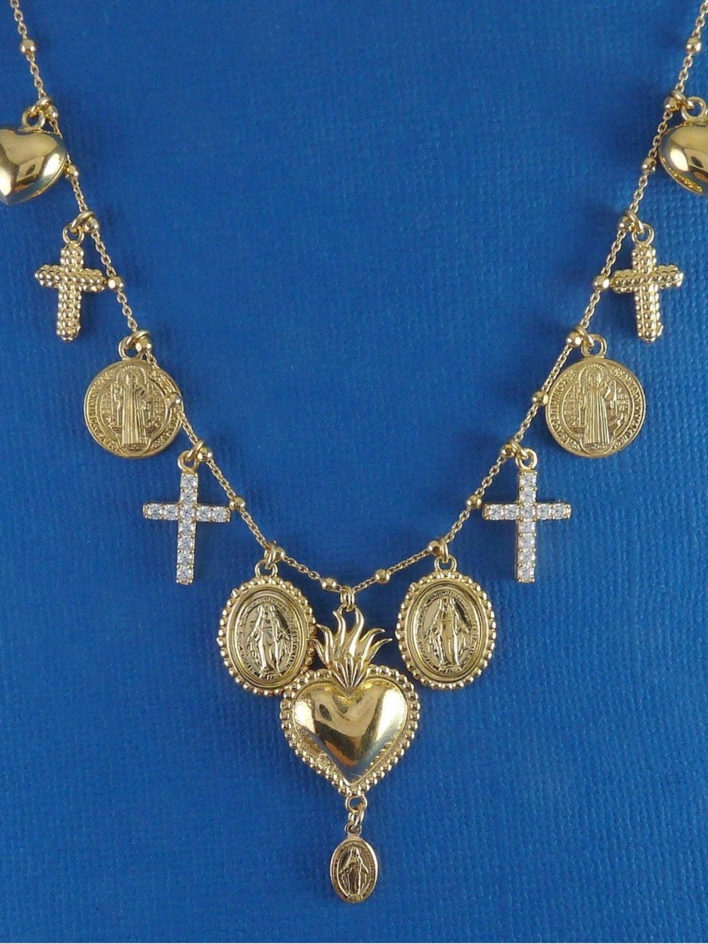Gold Sacred Heart Charm Necklace with Coin and Crystal Cross Pendants - Picture 8 of 9